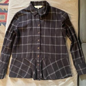 People Tree Size 8 Organic Cotton Plaid Button Up Shirt with Ruffle Hem